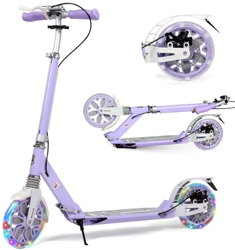 Monopattino per bambini dagli 8 ai 12 anni in su, ruote grandi da 200 mm, per adulti con freni a disco, scooter per adulti con cinghia per il trasporto e doppio assorbimento degli urti (LED-Viola)