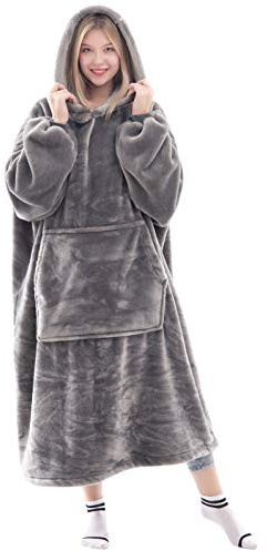 Waitu Wearable Blanket Sweatshirt for Women and Men, Super Warm and Cozy Big Blanket Hoodie, Thick Flannel Blanket with Sleeves and Giant Pocket - Gray