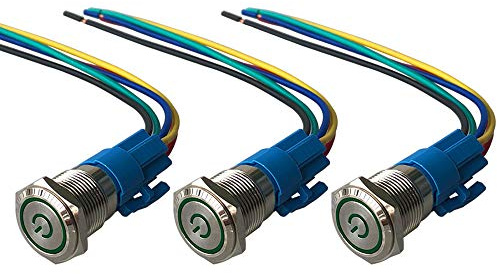 QitinDasen 3Pcs Premium 12V / 24V 5A Interruttore a Pulsante Autobloccante, 16mm Interruttore a Pulsante in Metallo con LED Verde, Interruttore Avviamento Auto in Acciaio Inossidabile impermeabile