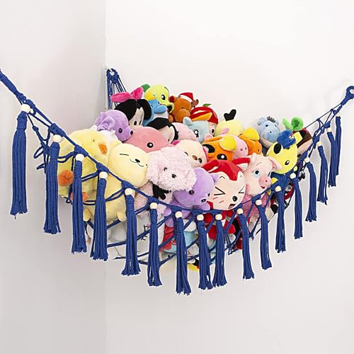 MAKEONEWO Stuffed Animal Toy Hammock Hanging-Handmade Large Blue Macrame Organizer Display Corner Plush Toys Net Holder for Boho Nursery Playroom Boy Bedroom Kids Room Storage Dark, 1 Pack