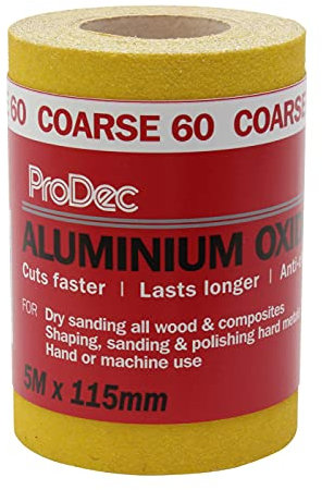 ProDec 5 m Rolle, grob, gelbes Aluminiumoxid-Schleifpapier mit Körnung 60 zum Schleifen von Holz, Farbe, Putz, Spachtelmasse, Metall & mehr; Schleifpapier, kompatibel mit Maschinenschleifern