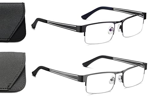 Hubeye 2er Pack Lesebrille Herren Rechteck Rahmen Metall Schwarz Grau Federscharniere Blaulichtfilter Computer Lesebrille mit Brillenholster 2.50