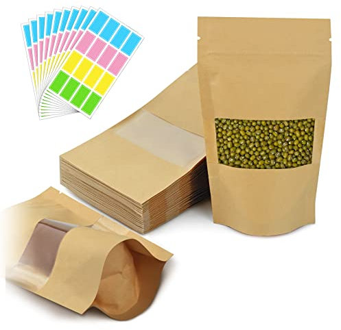 150 Stück Papiertüten mit Fenster (9 x 14cm) + 160 Stück Aufkleber, Kraftpapiertüten Braun Mini Papierbeutel mit Sichtfenster für Nüsse, Gewürze, Coffee, Teeblätter