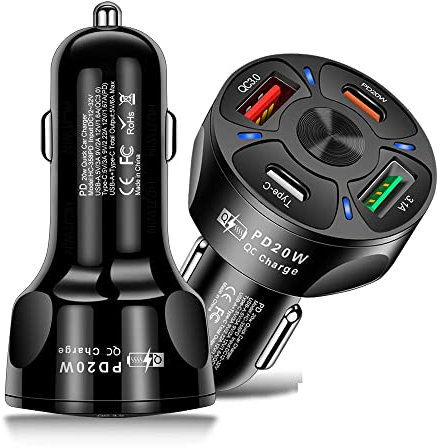 TECHNOPLAY 4 PORTS USB 20W PD CAR CHARGER ADAPTER compatible with MP3 players, iPhones, iPods, Mobile phones, PDA's, Sat Nav, Digital Cameras