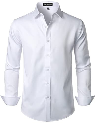 LucMatton Men's Stylish Stretch Wrinkle-Free Dress Shirt Formal Long Sleeve Slim Fit Button Down Shirts for Wedding Party White Solid Small