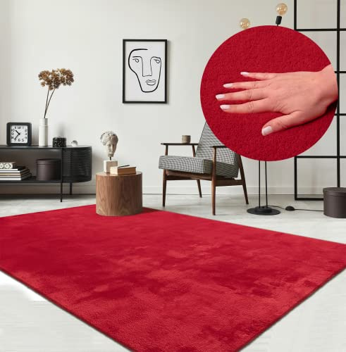 the carpet Relax Moderner Flauschiger Kurzflor Teppich, Anti-Rutsch Unterseite, Waschbar bis 30 Grad, Super Soft, Felloptik, Rot, 240 x 340 cm