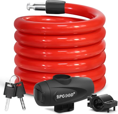 SPGOOD Fahrradschloss 120cm/12mm,Sicherheitsstufe Sehr Hoch Fahrrad Kabelschloss,Spiralkabelschloss mit 2 Schlüssel,Anti-Diebstahl Fahrradschloß für Fahrrad,Dreirad,Motorrader,Roller,Babywagen(Rot)