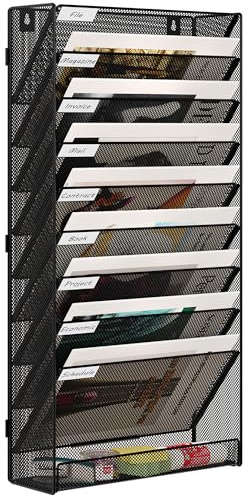 EasyPAG 10 Compartimento Metal Montar A4 Soporte Documentos Pared Oficina Archivador de Pared Organizador Correo Revistas Pared Almacenamiento Archivos Revistero,Negro