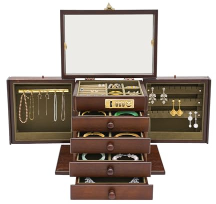 Portagioie in legno, stile vintage, con specchio e blocco password, 5 livelli, 4 cassetti, per bracciali, collane, anelli