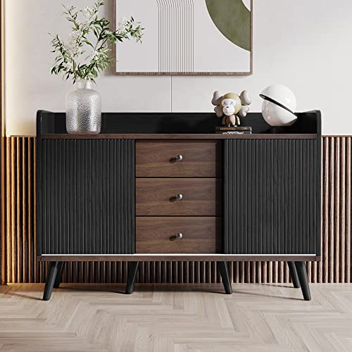 Kehun Sideboard Schwarz für Wohnzimmer und Esszimmer, Kommode Schrank Buffetschrank 117.5x40x80 cm mit 2 Türen und 3 Stauraum Schubladen, Schwarz