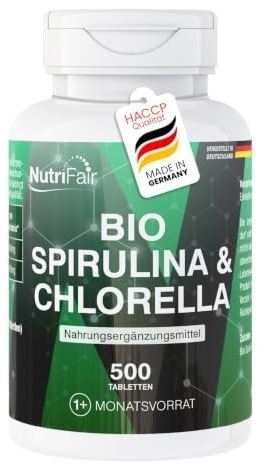 Nutrifair Bio Spirulina & Chlorella, 500 tabletter, utan tillsatser, 100 % naturligt, högdoserat, 100 % veganskt, tillverkat i Tyskland och laboratorietestat