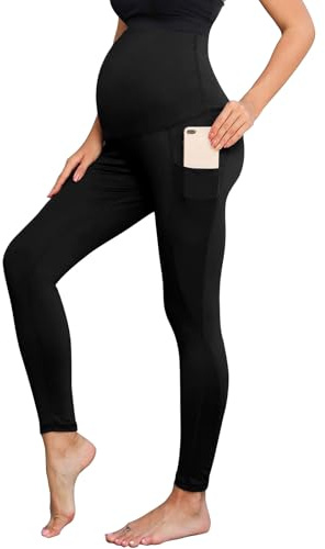 Risipu Women's Maternity Workout Leggings Over The Belly Pregnancy Yoga Pants with Pockets Soft Activewear Workout Pants (UK, Alpha, XL, Regular, Regular, Black)