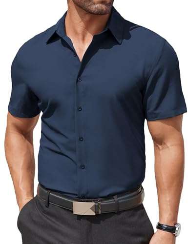 COOFANDY Camicia da Uomo A Maniche Corte Vestito Camicia Business Stretch Camicia Formale No Iron Regular Fit Camicie Button Down Camicia dello Sposo Marina XXL
