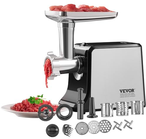 VEVOR Meat Grinder, 3 Lbs/Min Capacity Electric Meat Grinders with Blade, Grinding Plate, Sausage Maker, Kubbe Kit, Burger Press, Chopper Attachment, Stainless Steel Meat Mincer for Home Kitchen