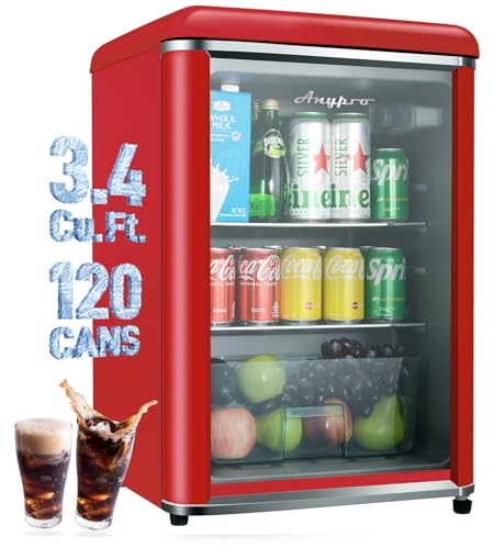 Anypro 3.4 Cu.Ft Retro Small Beverage Refrigerator Cooler with Double Tempered Glass Door, 120 Can Wine Drink Beer Mini Fridge for Office Bedroom Bar with 7 Temperatures, Adjustable Shelves, Red