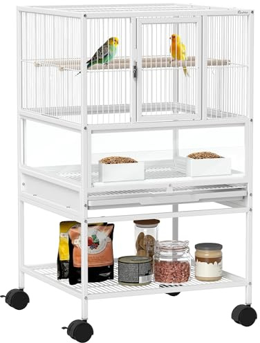 Pawhut Bird Cage, Metal Parrot Cage with Rolling Stand Wheels, Acrylic Viewing Panels, Storage Shelf, Slide-out Tray, Perches, Feeders, for Budgie, Parakeet, Canary, Finch, White, 48 x 46 x 83 cm