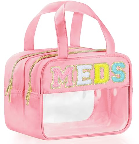 BuyCard Chenille Letter Clear Medicine Makeup Bag for Travel, Preppy Patch Nylon Cosmetic Meds Pouch with Handles and Zipper, Waterproof Large Travel Toiletry Bag Storage Case for Women Pink