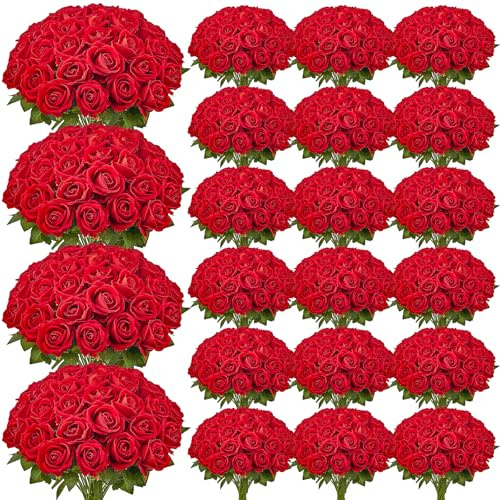 VEVOR Flores Artificiales, 500 Rosas Artificiales de Espuma Roja de Aspecto Real a Granel, Rosas Rojas Artificiales con Tallos para Ramos de Boda, Centros de Mesa y Decoración de Mesas de Fiesta