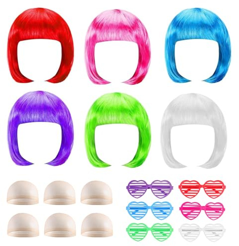 atnayo 6 Pcs Coloured Wigs Set,Colourful Wig Hairnets and Glasses,Short Cosplay Neon Colored Bob Wig