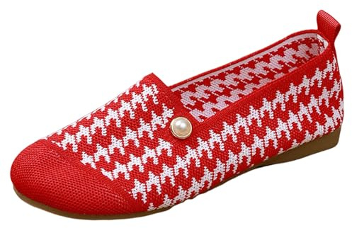 VBEDKDEB Slip On Sneakers dam fritidsskor tofflor dam ballerinaskor med runt tå-område, slip-skor av stickade, avslappnade kvällsskor, bekväma ballerinaskor, vandringsskor, tennisskor, sandplats, röd