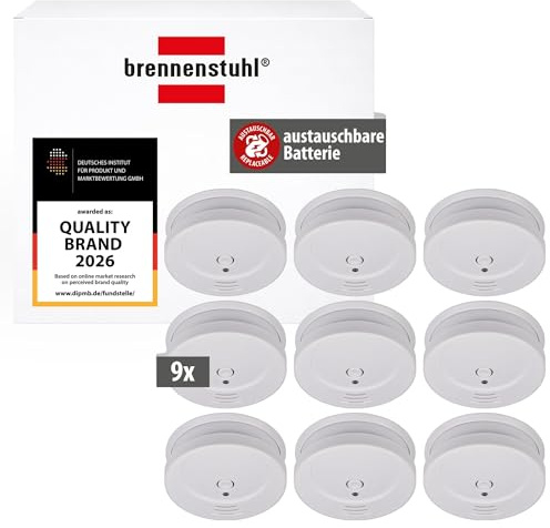 Brennenstuhl Rauchmelder Set, 9X RM C 9010 mit austauschbarer Batterie (geprüft nach EN 14604, durchdringendes Alarmsignal) weiß