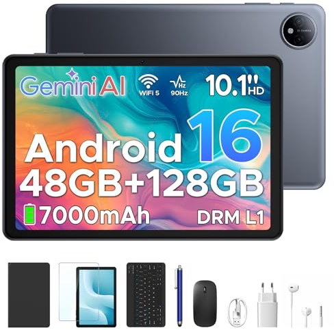 Luzglo P10 Tablet Android 16, Tablet 10 Pulgadas 48GB RAM+128GB ROM/2TB TF, Gemini AI, 90Hz Screen, 7000mAh, 5W OTG, 5G WiFi, Face ID, OTG, GPS, 3.5mm, Widevine L1, Tableta con Teclado y Lapiz, Gris