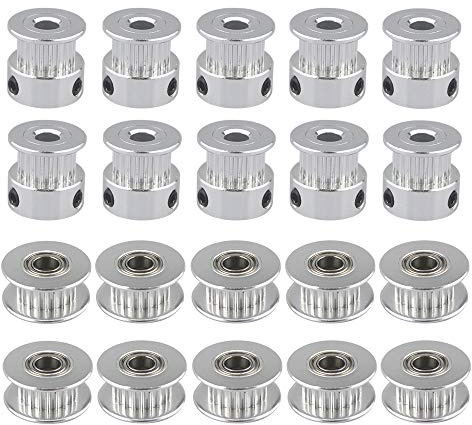 QitinDasen 20Pcs Premium Aluminium GT2 Riemenscheiben Set, 20 Zähne 5mm Innere Bohrung, 10Pcs GT2 Zahnriemenscheibe + 10Pcs GT2 Idler Pulley, für 3D-Drucker 6mm Breite Zahnriemen