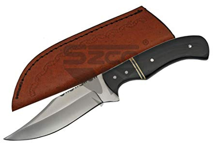 SZCO Horn Handle Clip Point Hunting Knife 9 Inch - Black Pocket Knifes with Stainless Steel Blade, Horn Handle & Leather Sheath - Camping Knife for Hiking, Camping & Camping - Skinning knife for Men
