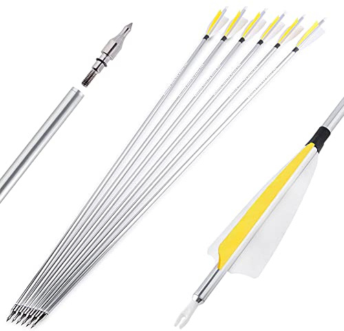 SHARROW Tir à l'arc Flèches en Aluminium 30 Pouces Flèches pour Chasse Spine 500 Arbres de Flèche en Aluminium Fletching Plumes Naturelles pour Arc à Poulies l'arc Classique (12pcs, Jaune)