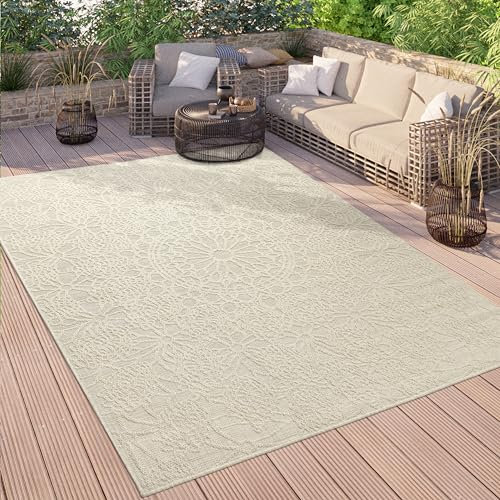 Paco Home Outdoor Teppich Wetterfest Balkon Küche Wohnzimmer Orientalisches Muster Vintage Optik Einfarbig 3D Modern, Grösse:200x280 cm, Farbe:Creme 3