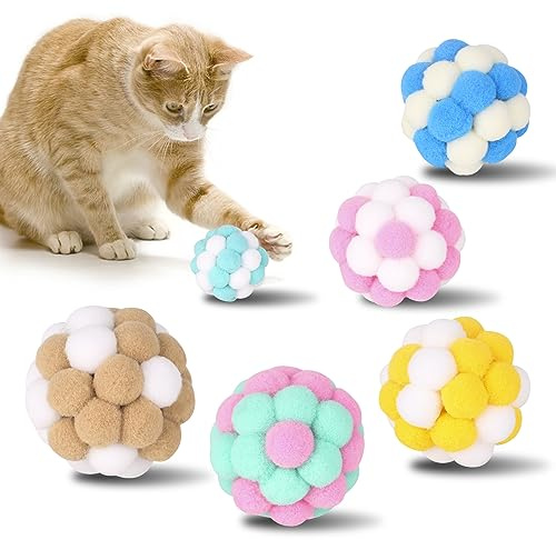 Yasdyri Colorful Interactive Pom Poms Cat Balls with Bells - 6 Pieces 5cm Soft Toys for Kitten Indoor and Outdoor Playing, Chewing, Scratching