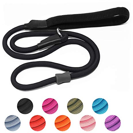 Strong Slip Lead Dog Training Leash - Heavy Duty Nylon, No Pull Walking Rope with Rubber Stopper & Padded Handle for Small, Medium, Large Puppies - 1.8m Black