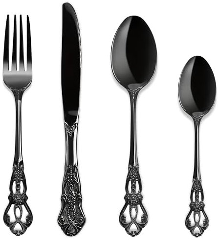 Royal Black Cutlery Set, MAIENSI 16 Piece Cutlery Set Flatware Set for 4 People Palace Style Mirror Polished Dishwasher Safe Knife Fork Spoon Cutlery for Home Banquet Catering