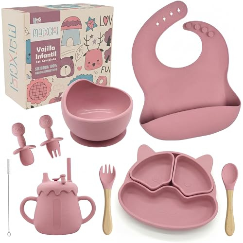 Vajilla Bebé Silicona – Set Completo BLW con Plato y Bol con Ventosa, Babero, Vaso Aprendizaje y 4 Cubiertos | Vajilla infantil a partir de 6 Meses | Regalo Bebé Libre de BPA – MAIXCHEL