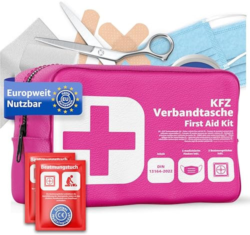 Kit di Primo Soccorso Auto 2026 Rosa DIN13164:2022 – Borsa di Medicazione con Mascherina Rianimazione – Set Conforme StVO per Emergenze Stradali