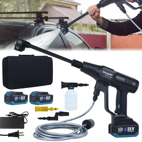 Duoguto Trådlös högtryckstvätt, 2 900 PSI bärbar batteridriven, sladdlösa eltvättar med 2 uppladdningsbara 4,0 AH-batterier, 6-i-1 munstycke för bilar, trädgårdsstaket, rengöring av golvet, grå
