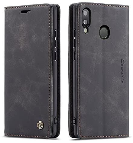 owlhold Hülle Samsung A20E klapphülle Premium Lederhülle Weiches Vintage-Nubukleder Faltbare Ständer Schutzhülle Kartenfach Standfunktion stoßfest Handyhülle Samsung Galaxy A20E -Schwarz