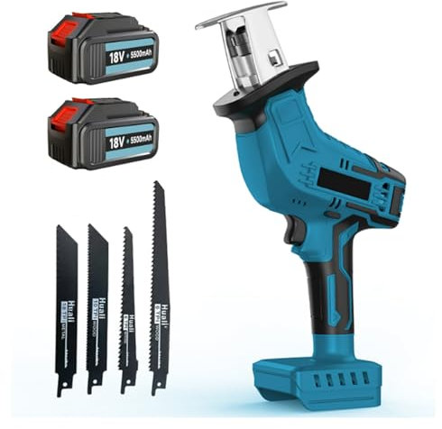 Scie sabre électrique sans fil avec 2 batteries de 5500 mAh et chargeur, outil de scie sabre électrique pour Makita 18 V avec 4 lames de scie, vitesse variable de 0 à 3000 SPM pour coupe de tuyaux en