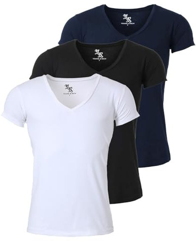 Young & Rich Herren Uni T-Shirt mit extra tiefem V-Ausschnitt Slimfit Stretch Dehnbare Passform einfarbiges Basic Shirt - 3er Pack, Grösse:M, Farbe:Weiß/Schwarz/Dunkelblau