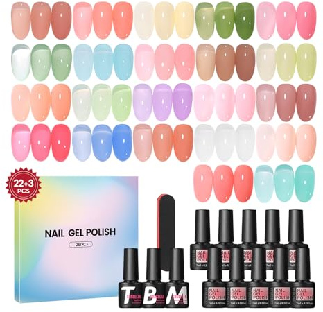 COSCELIA 25PCS Vernis Semi Permanent Transparent Série Set, 22 Couleurs Nude Rose Violet Clair Vert Vernis Gel UV Semi Permanent Base et Top coat Matte,Jelly Vernis à Ongles Pour Débutant