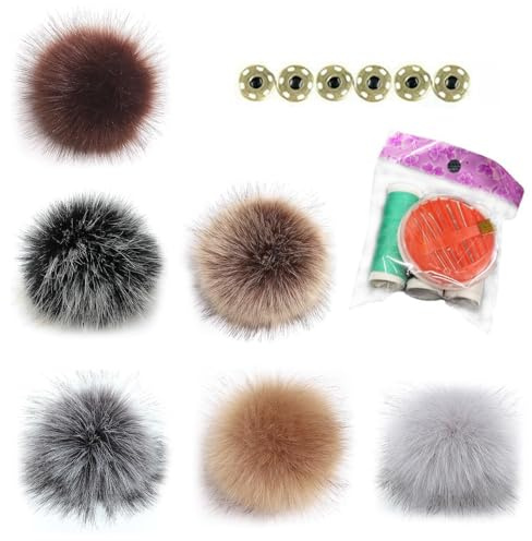 HSUYUN Pompon Fourrure Détachable 6 Pièces - Pompoms pour Bonnet avec Bouton-Pression (6 Coloris) Inclut Aiguilles, pour Écharpes & Sacs à Dos