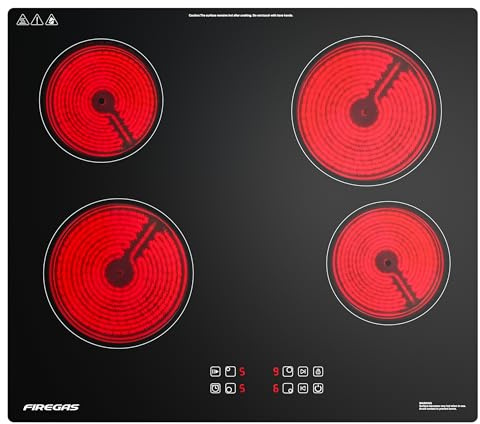 FIREGAS Einbauherde Glaskeramikkochfeld 59cm, Einbau herdplatte 4 Platten, 6000W, 9 Heizstufen, Touch-Steuerung, Timer, Kindersicherung, Geeignet für Alle Töpfe, Kein Stecker