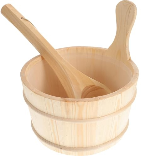 Hemobllo Sauna-eimer- Und Schöpfkellen-set, Beigefarbenes Kunststoff-badefass in Holzoptik für Die Sauna, 2-teiliges Zubehörset