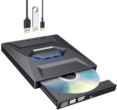 Chouden 7-in-1 External USB DVD Drive & Blu-Ray Player, USB 3.0 Type-C Portable CD DVD ROM Burner Writer Reader with USB Hub & SD/TF Card Reader,for Laptop Desktop