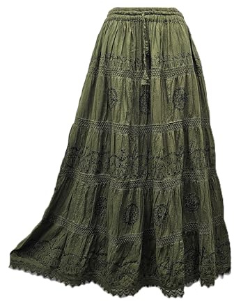 Doorwaytofashion Women Cotton Maxi Full Length Skirt Embroidered Boho Casual Festival Summer UK 10,12,14,16,18 Army Green