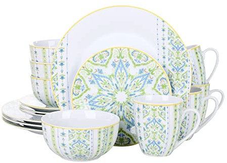 VEWEET Servizio di Piatti in Porcellana per 4 Persone Servizio Combinati 16 pcs con 27 CM Piatti Piani, 19 CM Piatti da Dessert, Tazze 380 ML e Ciotole 650 ML per Cereali, Motivo Colorato Serie MAGDA