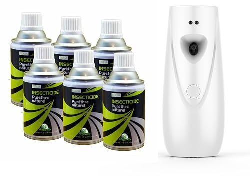 Insecticide pyrèthre végetal. 6x250ml avec Diffuseur Automatique (APRD07_couleur Blanc). Anti mouches, moucherons, moustiques, mites, punaises de lit. Élimine et éloigne insectes volants et rampants