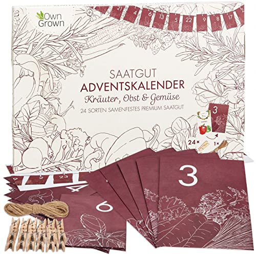 OwnGrown 24 Samen Adventskalender 2025 - Kräuter, Gemüse, und Obst Adventskalender Satz - Garten DIY Kalender Inklusive Schnur, Wäscheklammer, Umschlag Rot - Ideal Geschenke für Gartenliebhaber