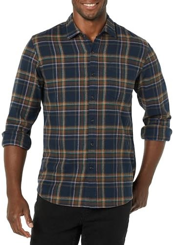 Amazon Essentials Herren Schmal Geschnittenes, Langärmliges Flanellhemd Mit Knopfleiste, Kariert, Braun Dunkles Marineblau Karomuster, M