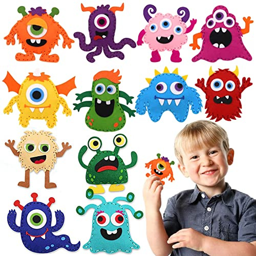 Kit Couture Enfant, 12 Paquets Patron Couture Enfant Kit de Couture en Feutre Amusant Bricolage Education Artisanat de Coutures Cadeaux Avec Outils de Coutures pour Garçons et Filles (Le monstre)